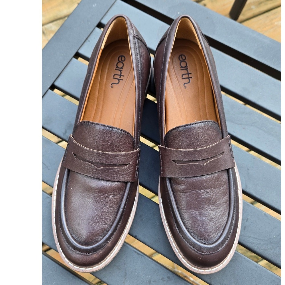 Earth Java Dark Brown Leather Penny Loafers Lug Sole Shoes Womens 9.5M